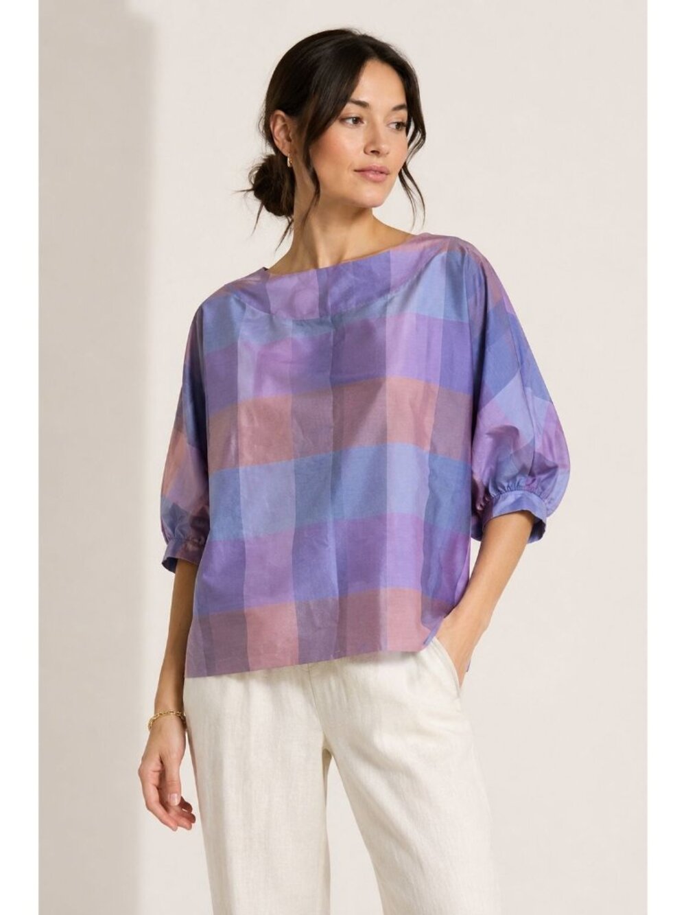 Vintage 60s/70s Thai Silk Plaid Blouse Purple Blue Pink Oversized Dolman Sleeve